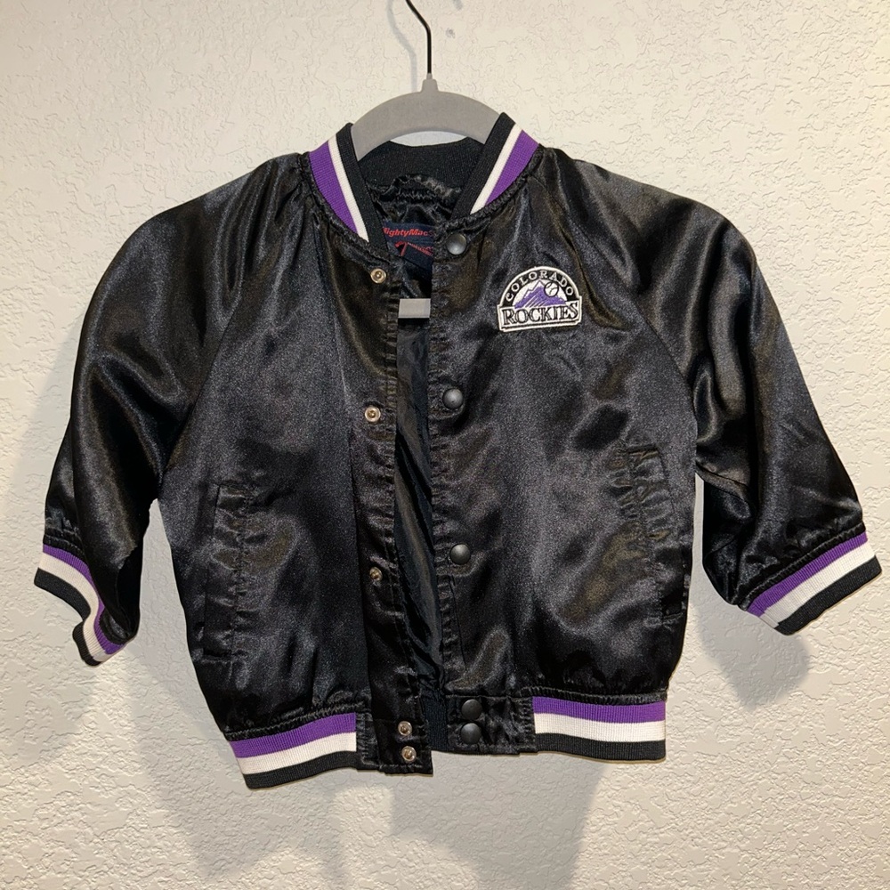 Black and Purple Satin Bomber Jacket with Varsity Style